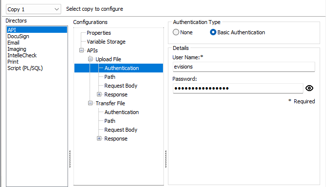 The Authentication screen. Basic Authentication has been selected, requiring a user name and password in order to execute the request.